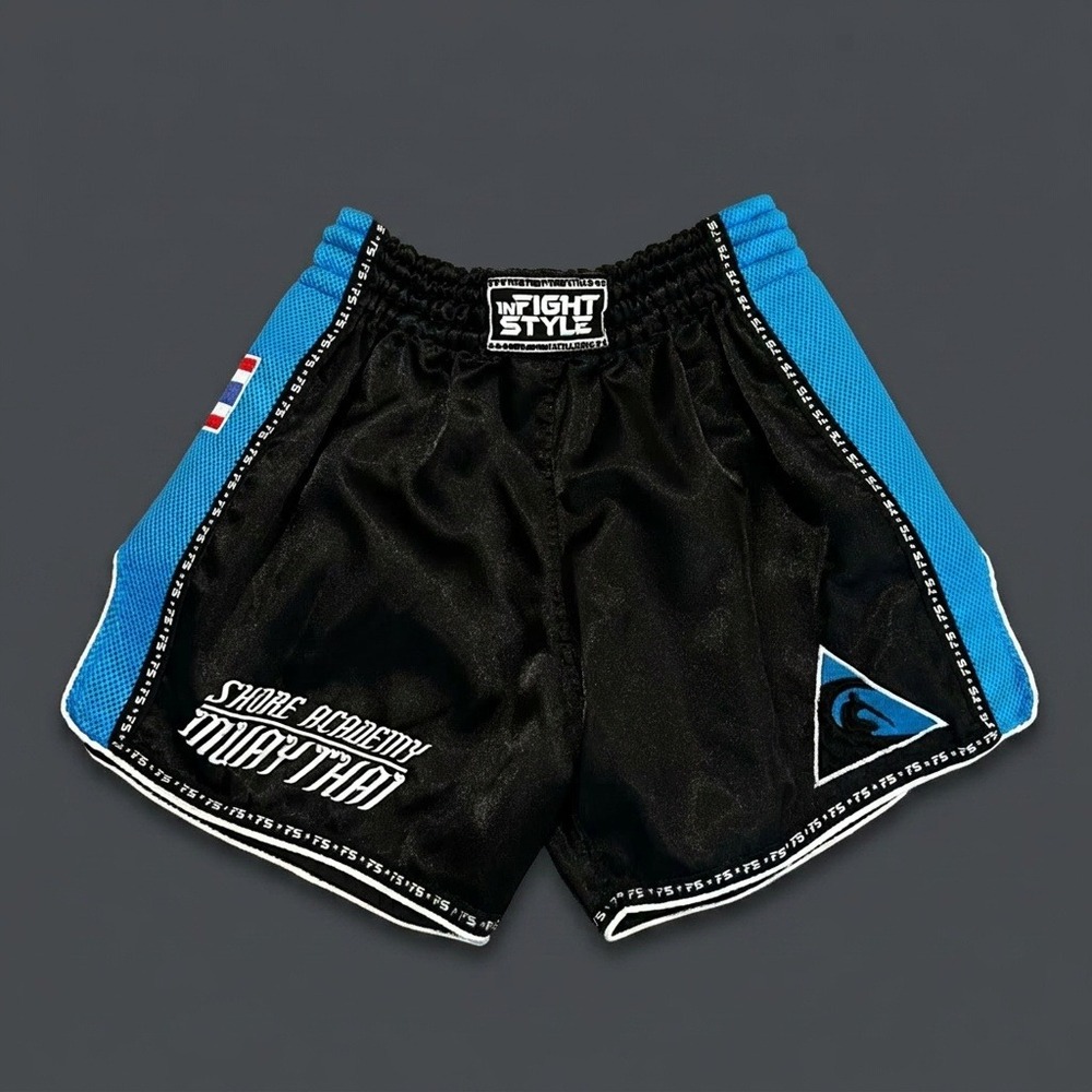 InFightStyle Muay Thai Shorts XXL Black Blue Shore Academy Bill Scott BJJ Retro